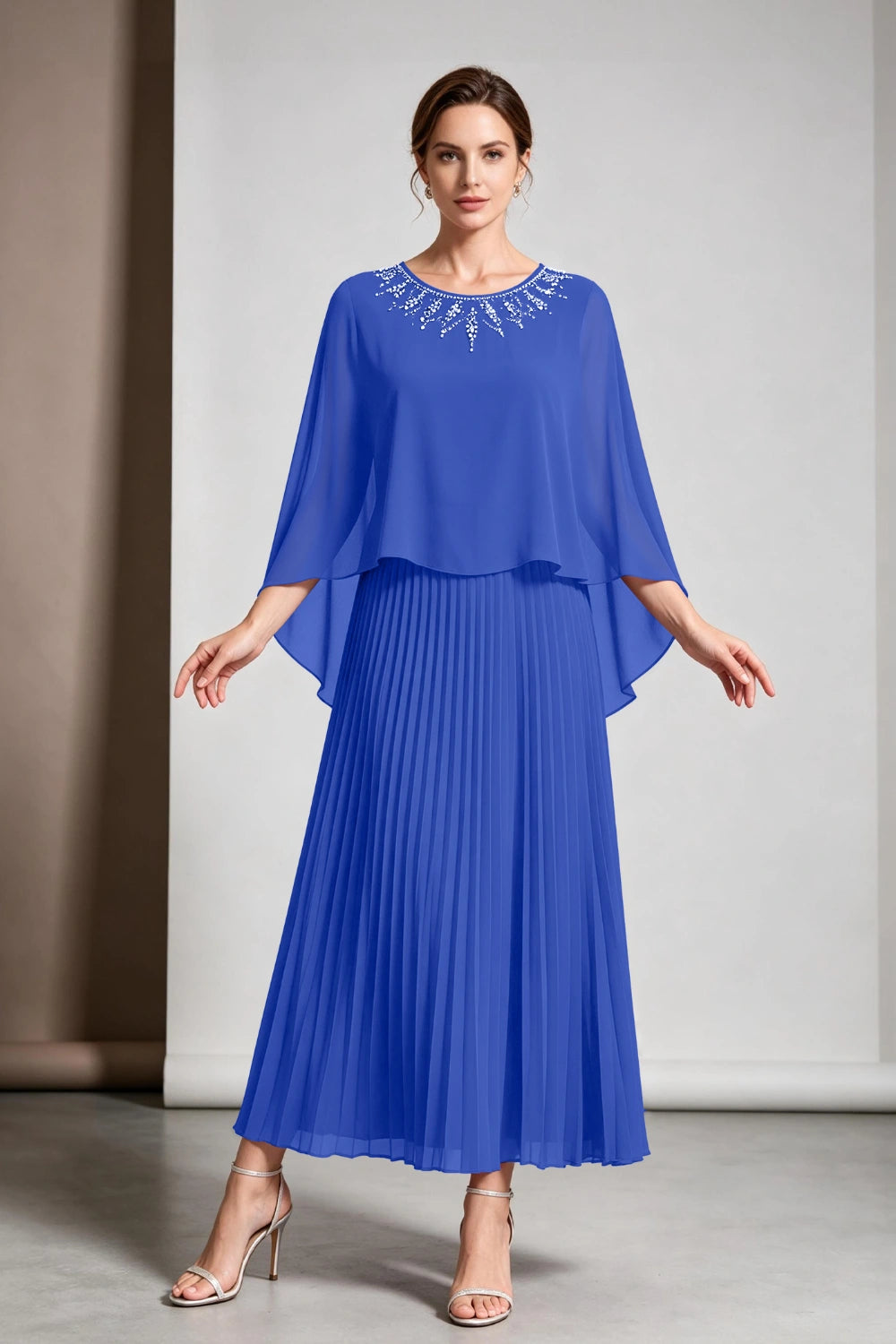 Plum Beaded Cape Sleeve Pleated Chiffon Mother of the Bride Dress