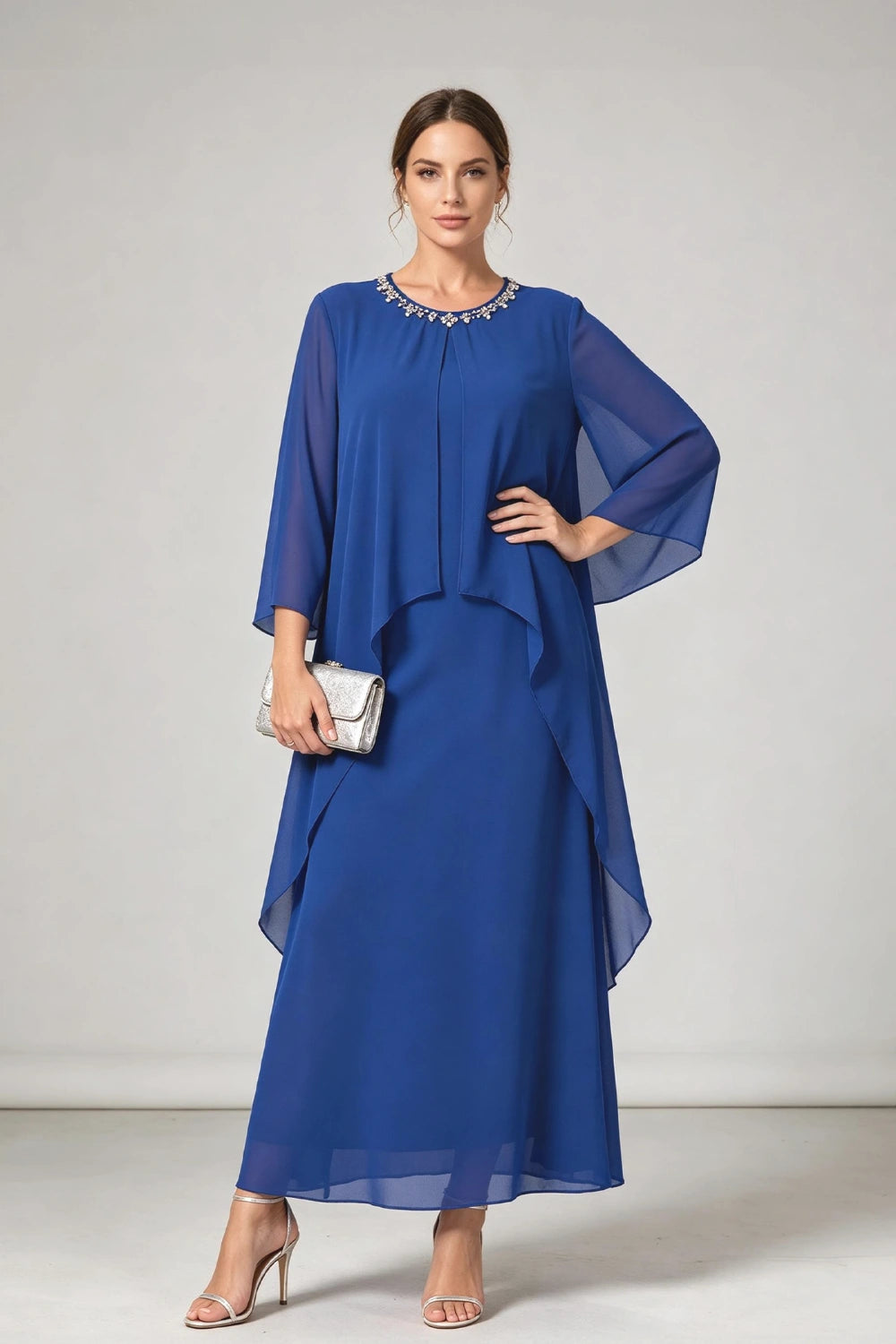 Royal Blue Beaded Neck Asymmetric Overlay Chiffon Mother of the Bride Dress