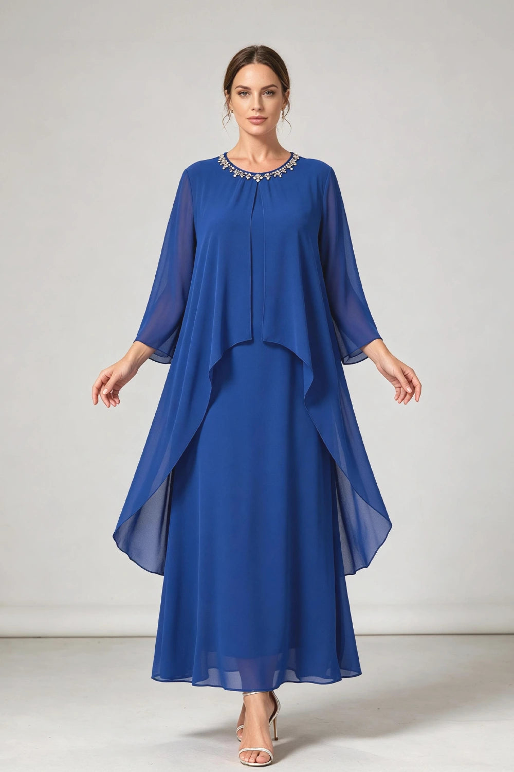 Royal Blue Beaded Neck Asymmetric Overlay Chiffon Mother of the Bride Dress