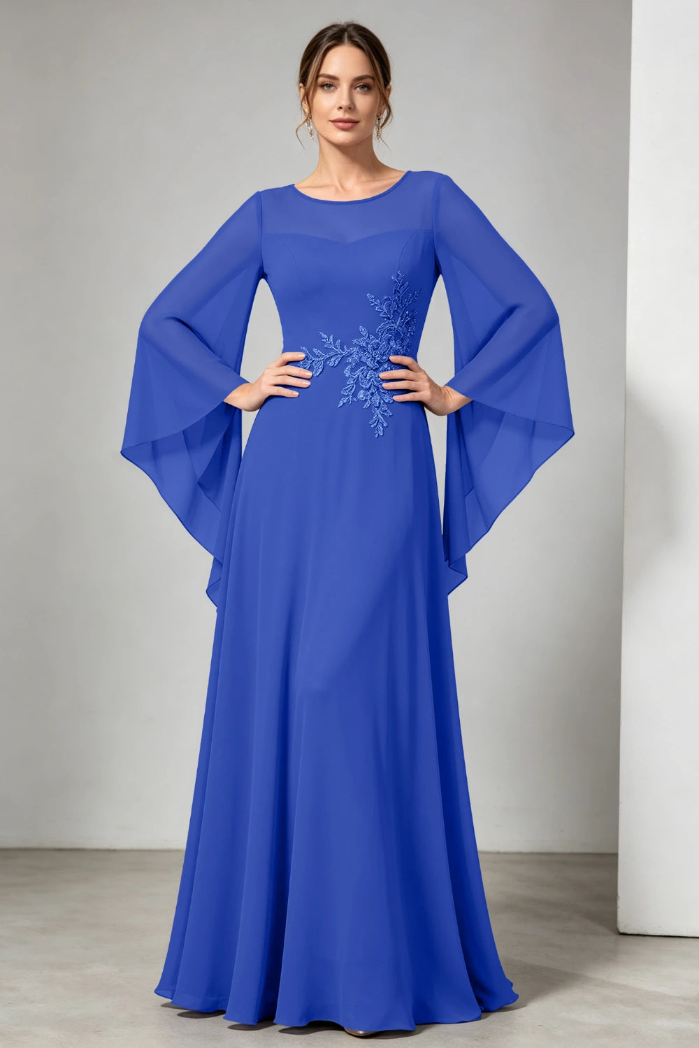 Purple Beaded Waist Sheer Yoke Long Sleeve Chiffon Mother of the Bride Dress
