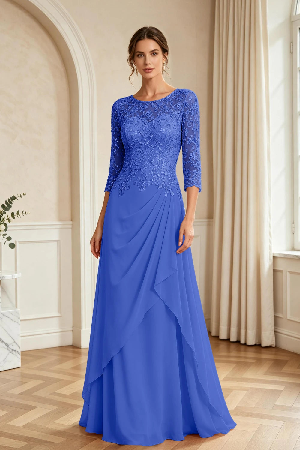 Dusty Rose Lace Bodice Three-Quarter Sleeve Draped Chiffon Floor-Length Dress
