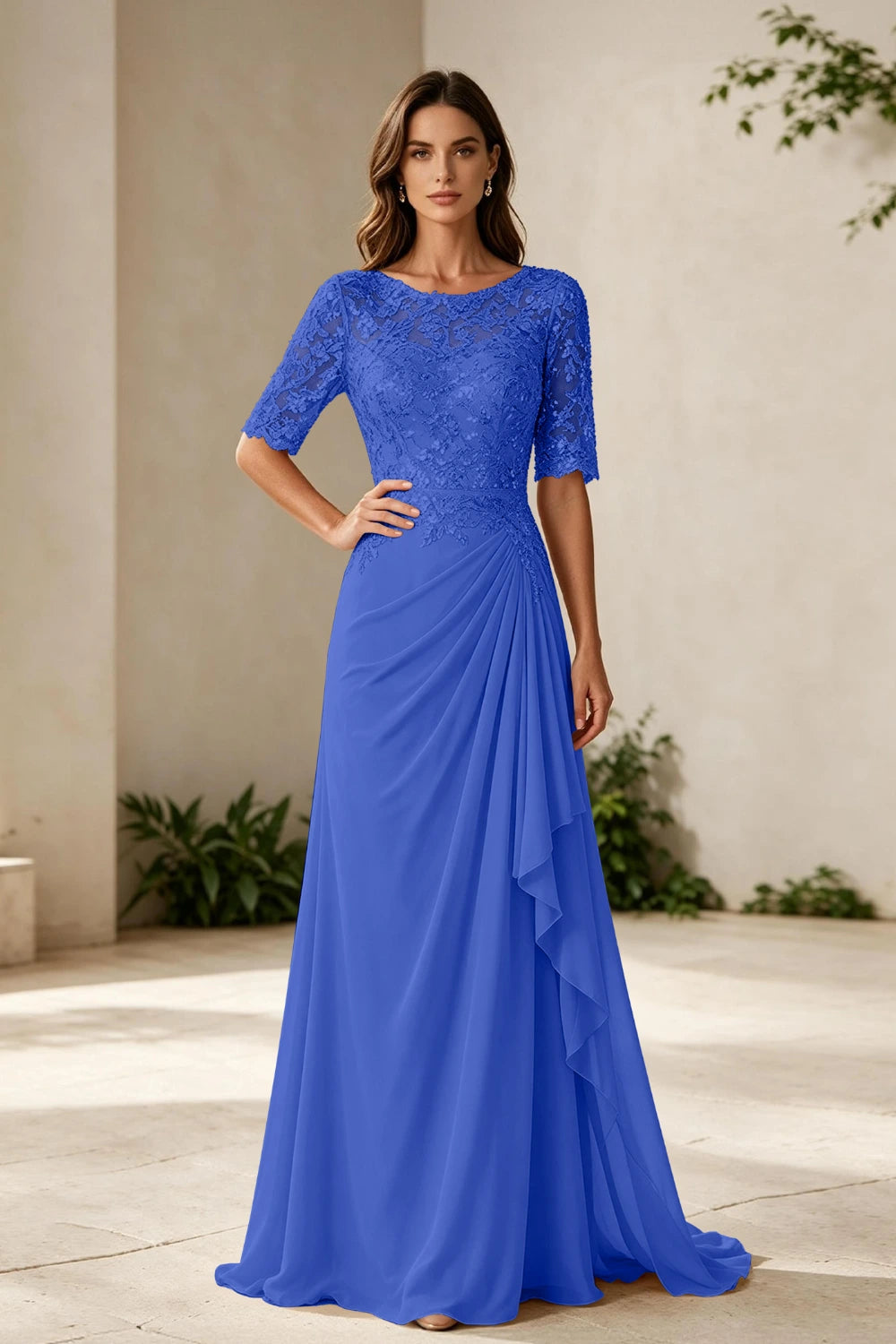 Champagne Lace Bodice Three-Quarter Sleeve Draped Side Chiffon Floor-Length Dress