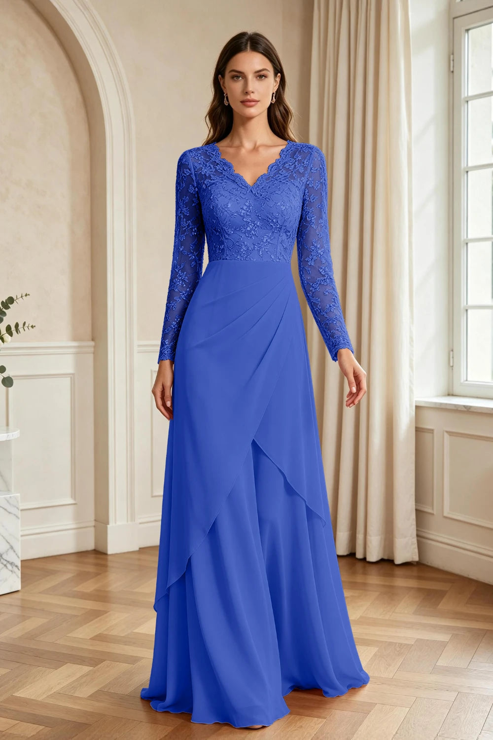 Mauve Lace Long-Sleeve Draped Ruffle Chiffon Floor-Length Dress