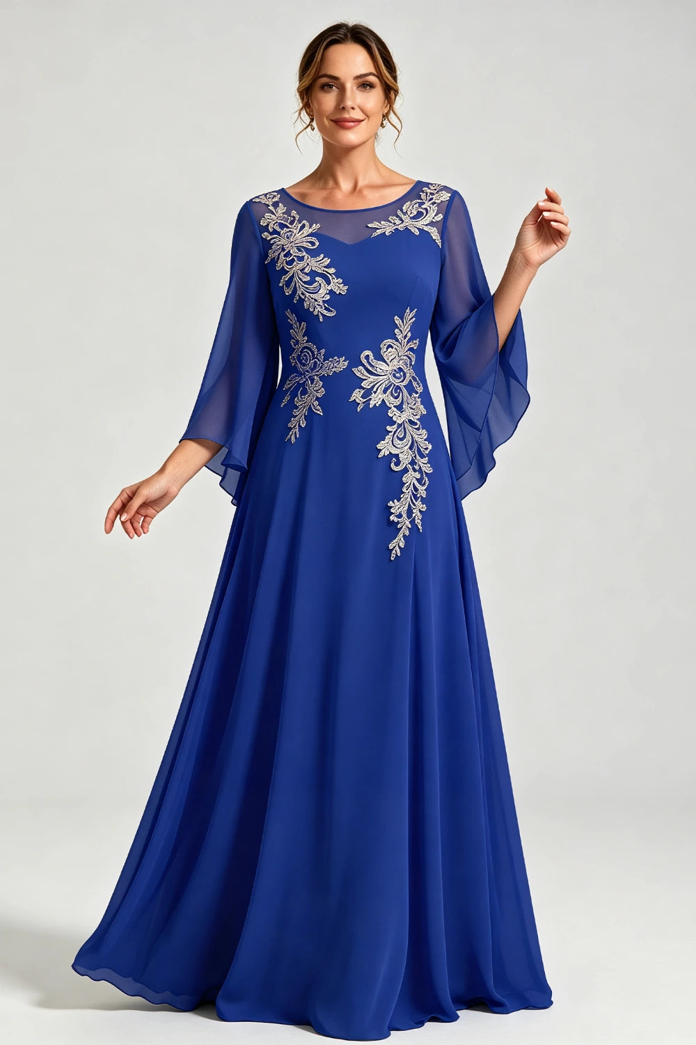 Dusty Blue Lace Applique Sheer Yoke Long Sleeve Chiffon Mother of the Bride Dress
