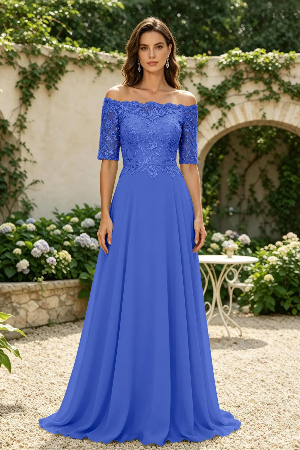 Sage Green Off-Shoulder Lace Bodice A-Line Chiffon Floor-Length Dress
