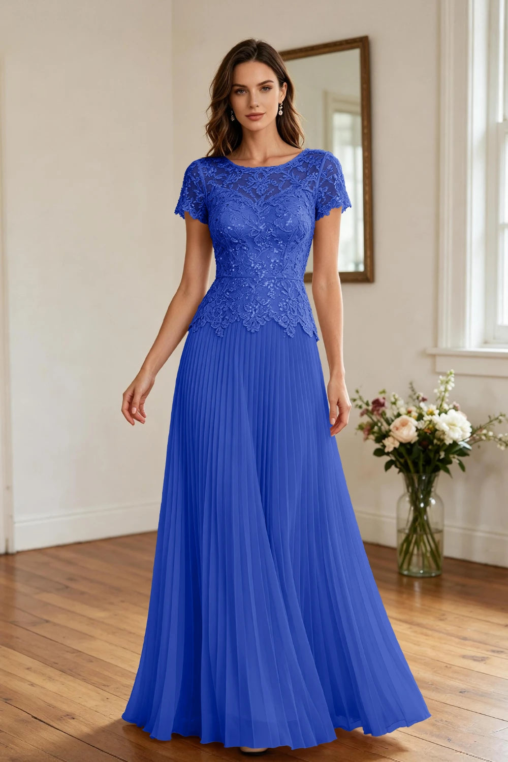 Champagne Lace Short Sleeve Pleated Chiffon Floor-Length Dress