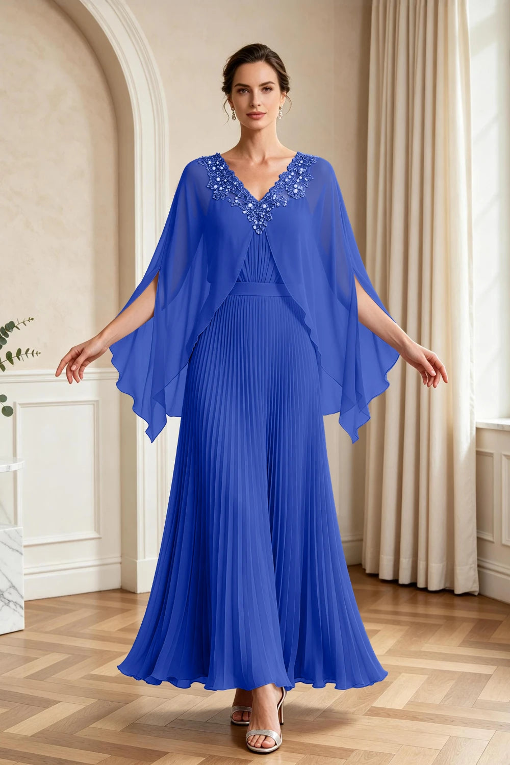 Lavender Pleated Cape Sleeve Chiffon Mother of the Bride Dress
