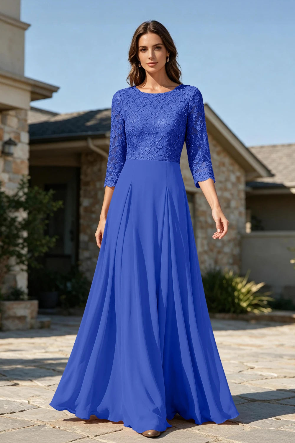 Dusty Rose Lace Three-Quarter Sleeve Pleated Chiffon Floor-Length Dress