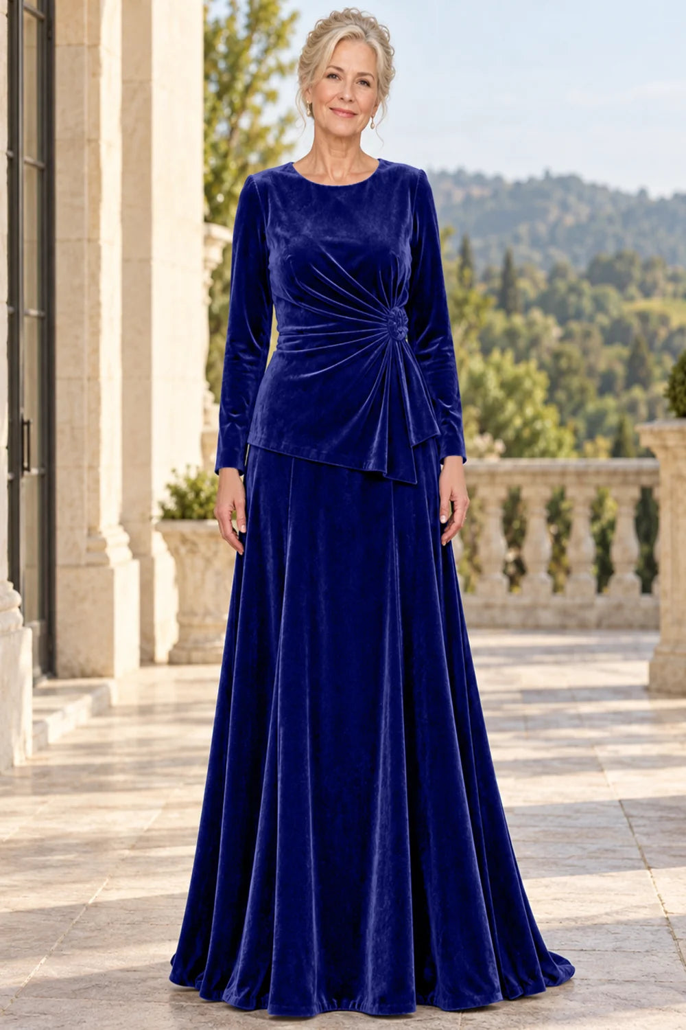 Front view of a royal blue dress with a ruched front and side rosette.