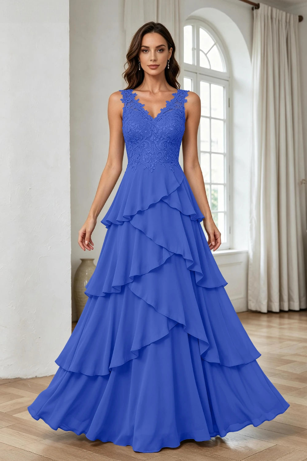 Silver Gray Lace Sleeveless Tiered Chiffon Floor-Length Dress