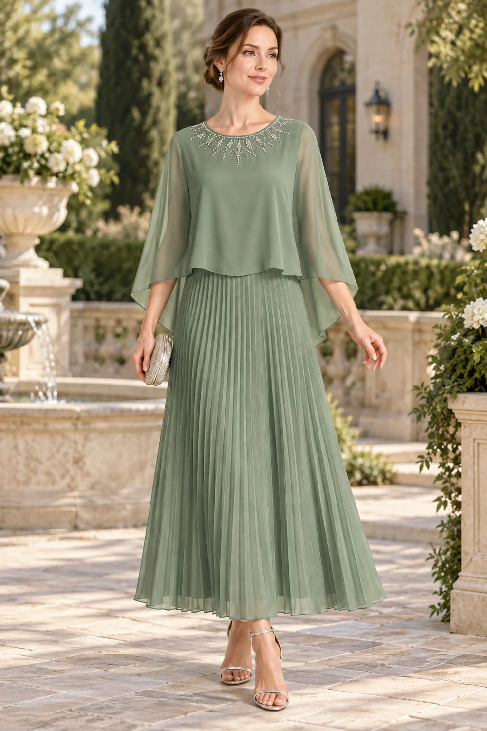 Beaded Cape Sleeve Pleated Chiffon Mother of the Bride Dress