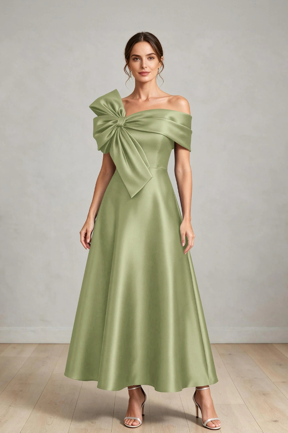 Oversized Bow Off-Shoulder Satin Midi Mother of the Bride Dress