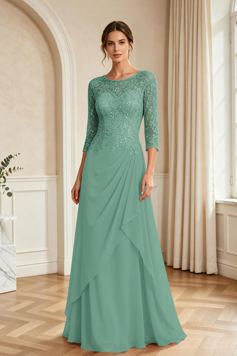 Dusty Rose Lace Bodice Three-Quarter Sleeve Draped Chiffon Floor-Length Dress