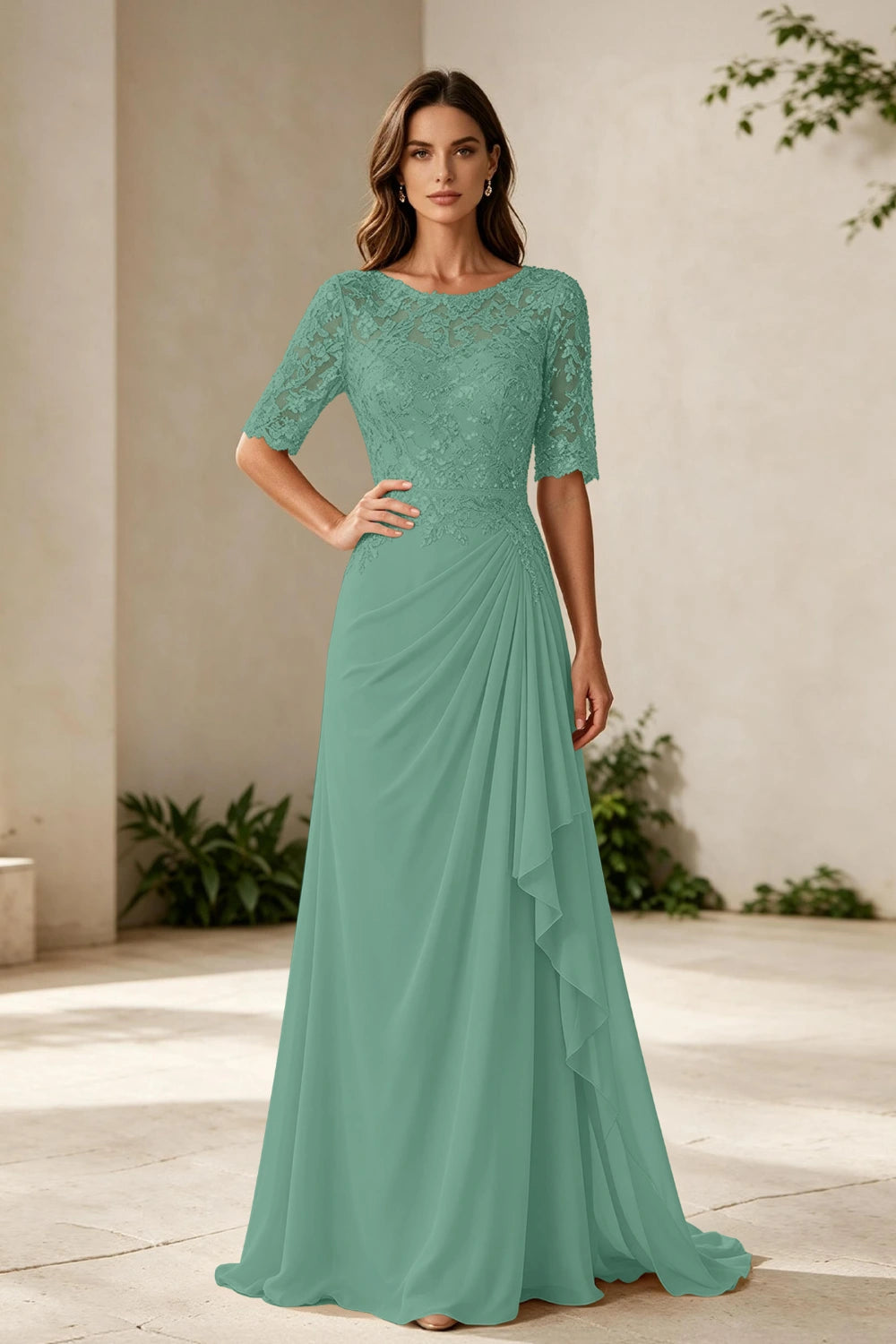 Champagne Lace Bodice Three-Quarter Sleeve Draped Side Chiffon Floor-Length Dress