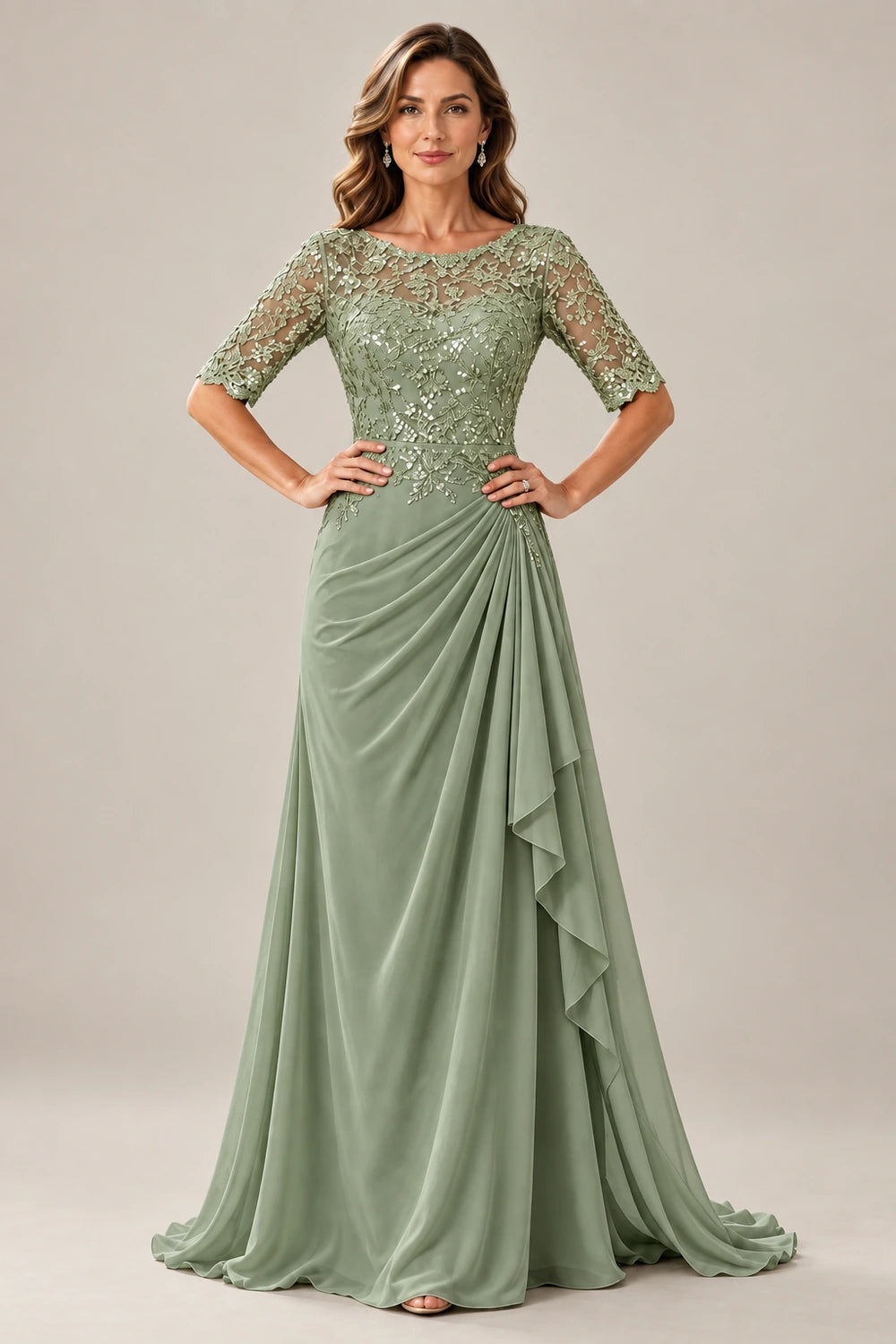Lace Bodice Three-Quarter Sleeve Draped Side Chiffon Floor-Length Dress