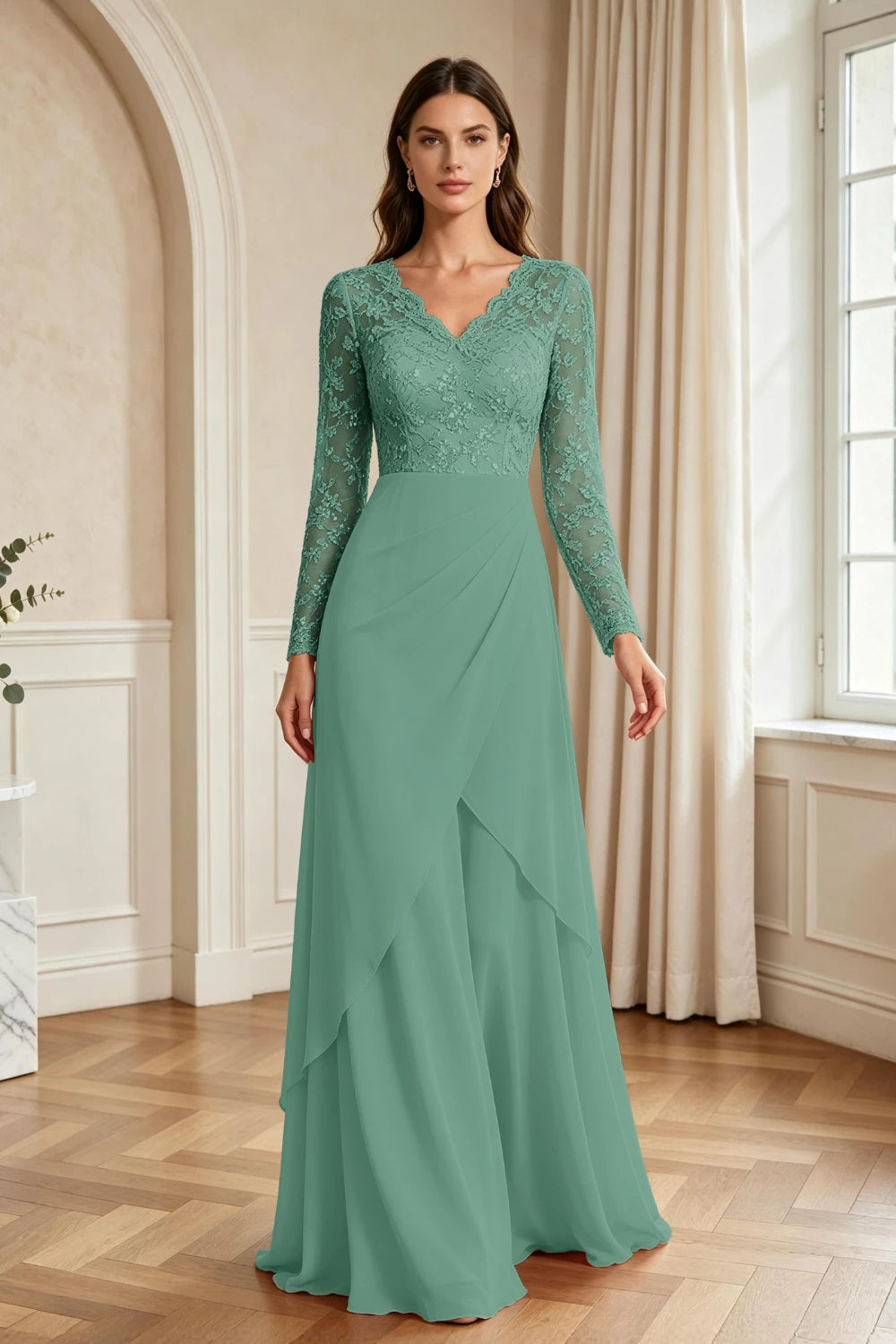 Mauve Lace Long-Sleeve Draped Ruffle Chiffon Floor-Length Dress