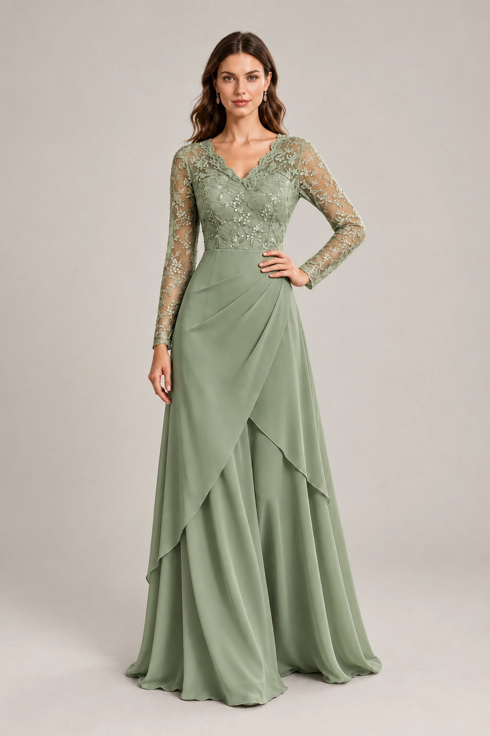 Lace Long-Sleeve Draped Ruffle Chiffon Floor-Length Dress