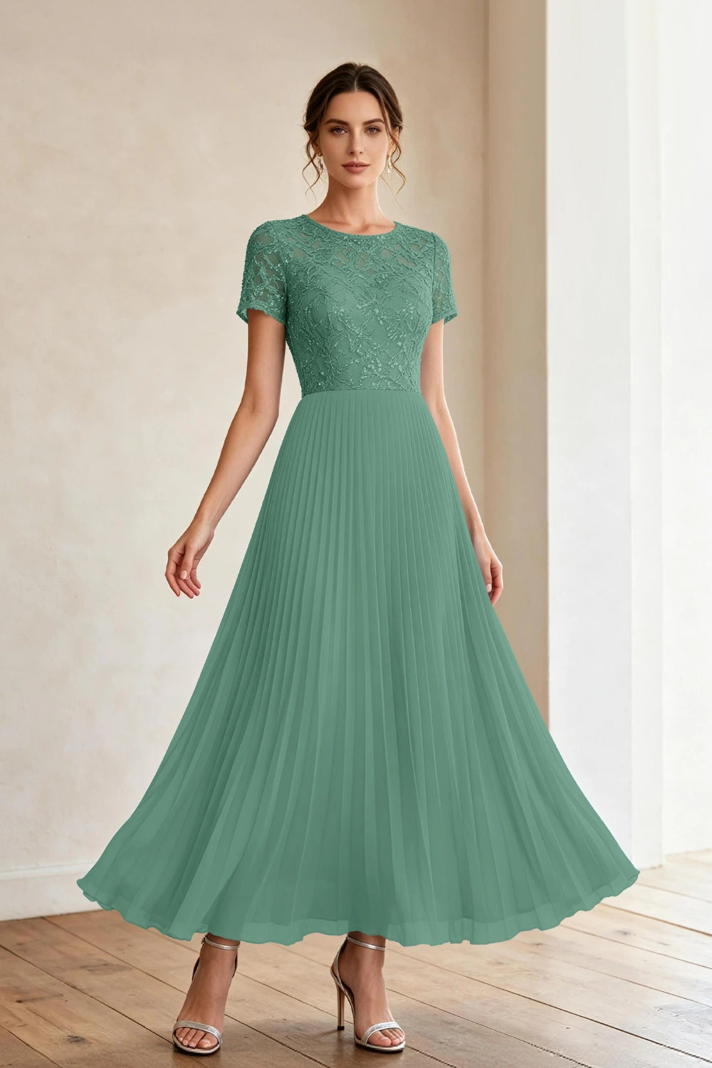 Dusty Blue Lace Short Sleeve Pleated Chiffon Tea-Length Dress