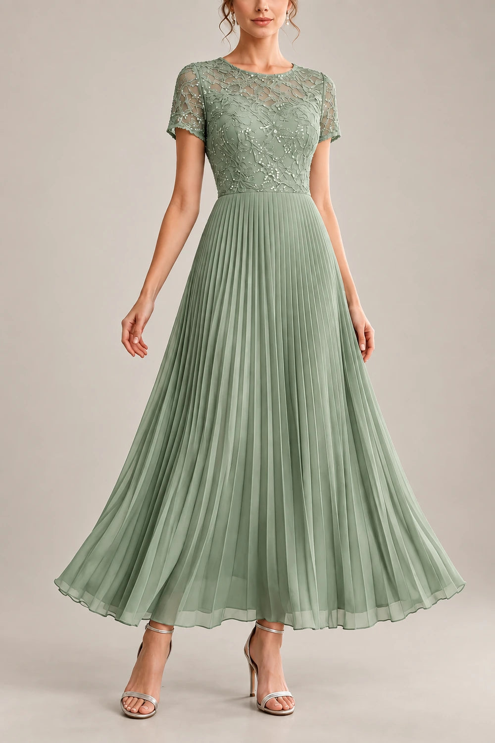 Lace Short Sleeve Pleated Chiffon Tea-Length Dress