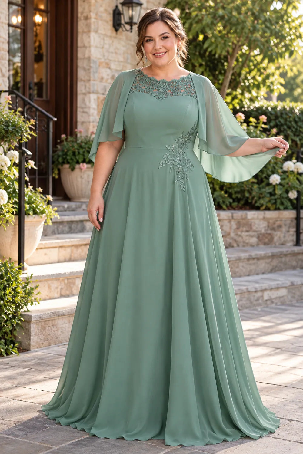 Sage Green Lace Neck Flutter Sleeve Mother of the Bride Gown