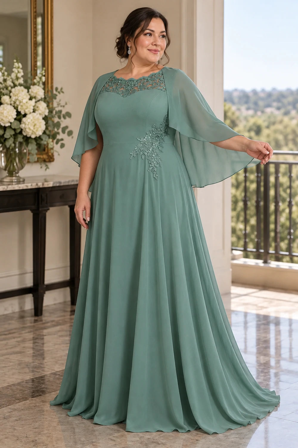 Sage Green Lace Neck Flutter Sleeve Mother of the Bride Gown