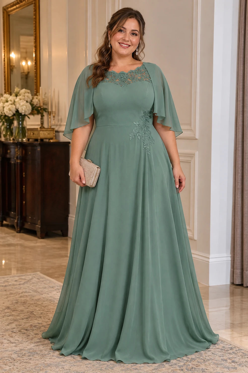 Sage Green Lace Neck Flutter Sleeve Mother of the Bride Gown