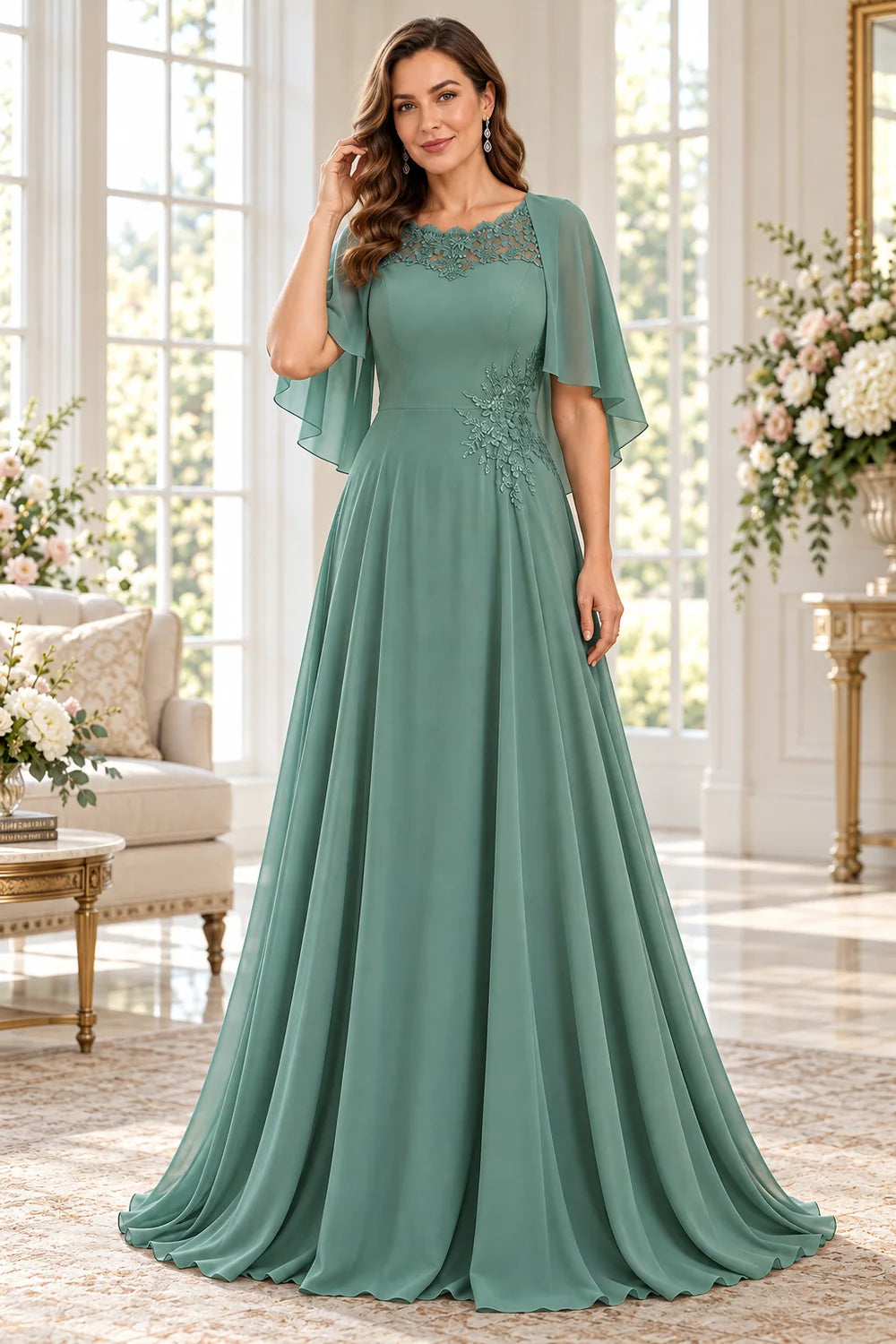 Sage Green Lace Neck Flutter Sleeve Mother of the Bride Gown