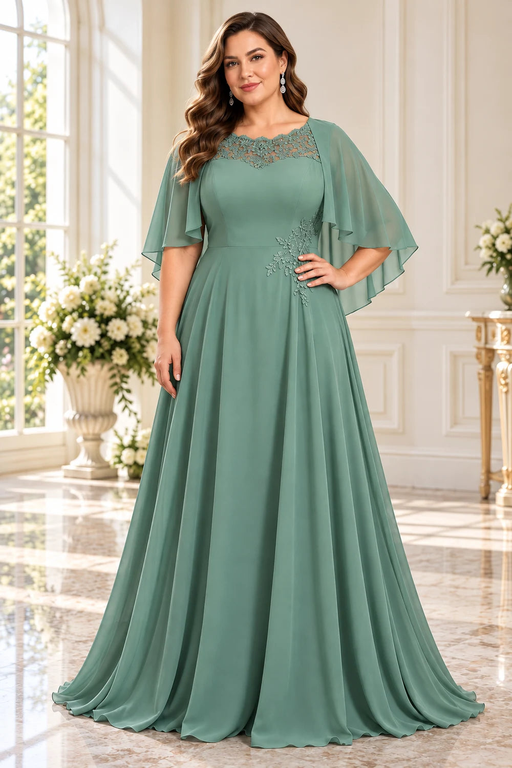 Sage Green Lace Neck Flutter Sleeve Mother of the Bride Gown