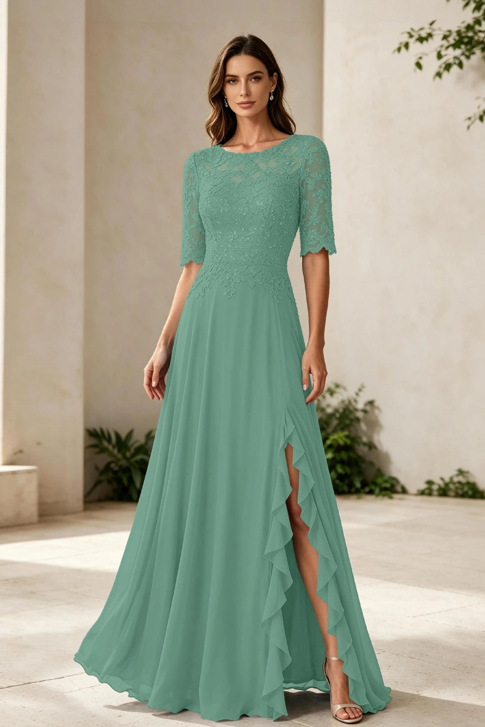 Dusty Blue Lace Bodice Three-Quarter Sleeve Ruffle Slit Chiffon Floor-Length Dress