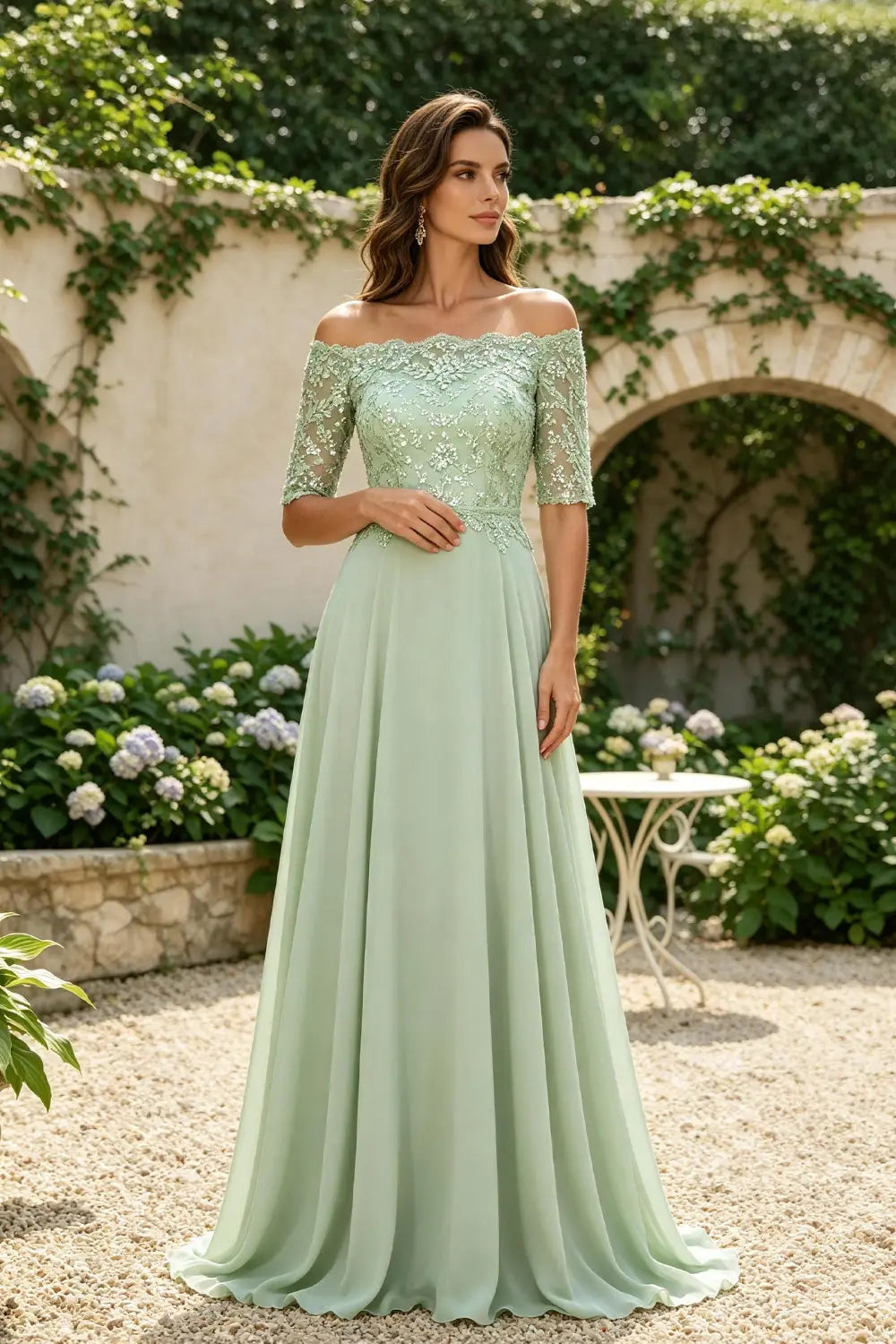 Sage Green Off-Shoulder Lace Bodice A-Line Chiffon Floor-Length Dress