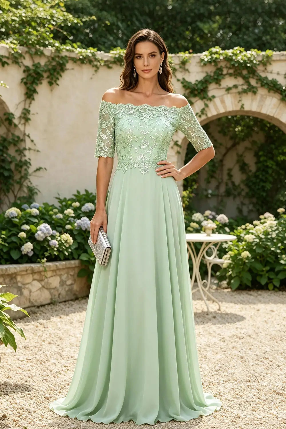 Sage Green Off-Shoulder Lace Bodice A-Line Chiffon Floor-Length Dress