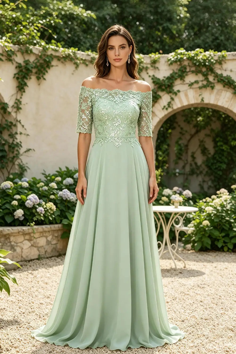 Sage Green Off-Shoulder Lace Bodice A-Line Chiffon Floor-Length Dress
