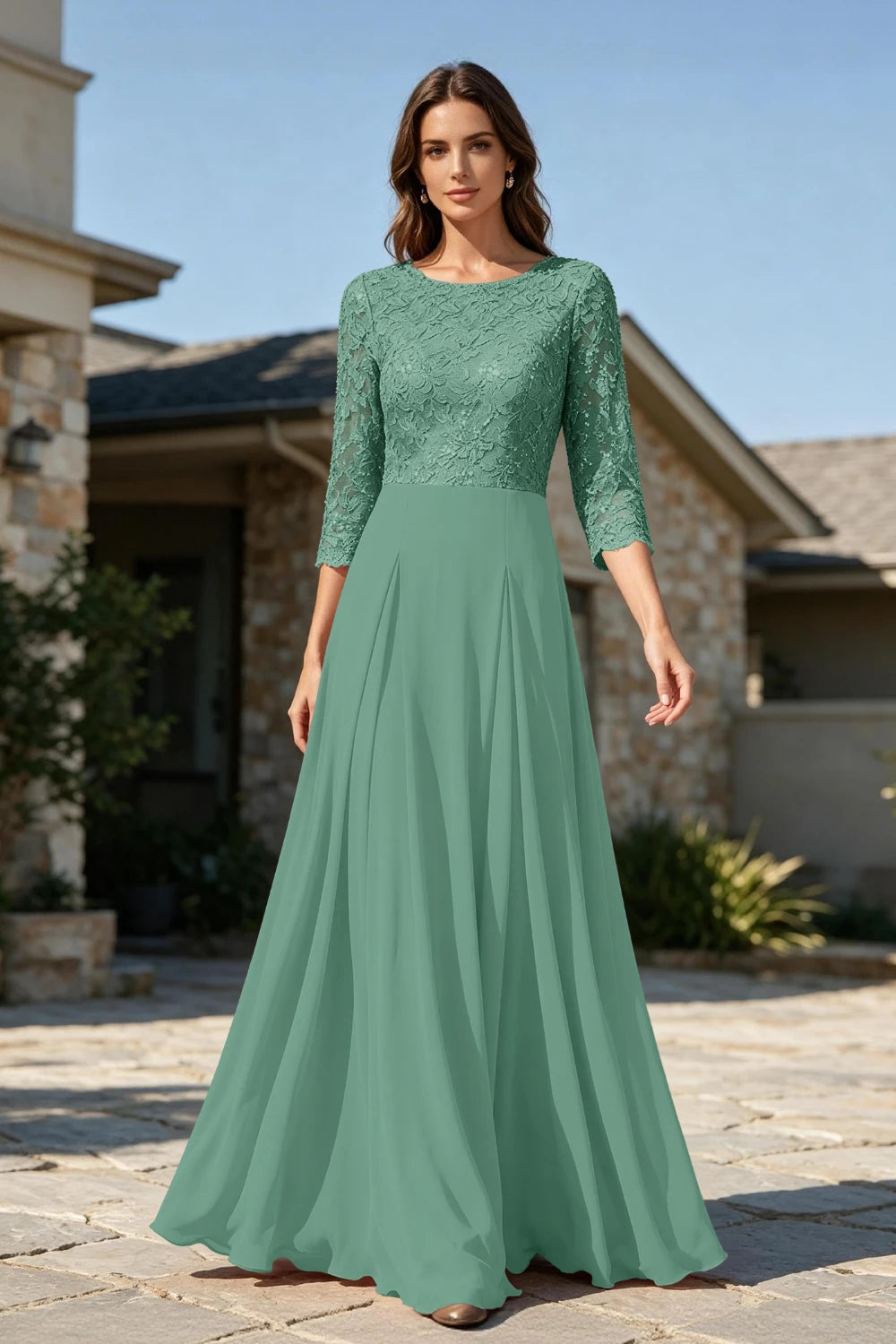 Dusty Rose Lace Three-Quarter Sleeve Pleated Chiffon Floor-Length Dress