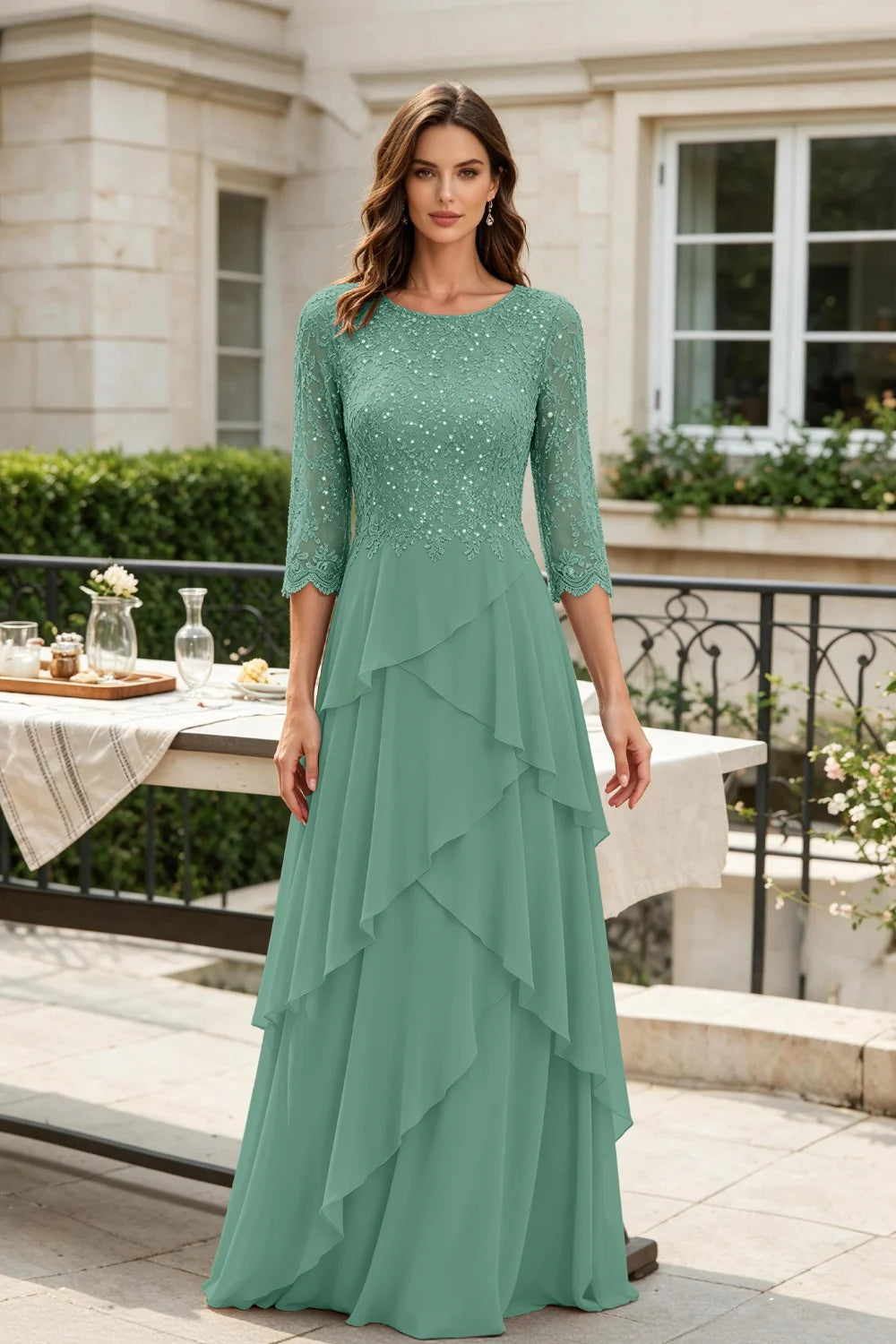 Gray Sequin Lace Bodice Three-Quarter Sleeve Tiered Ruffle Chiffon Floor-Length Dress