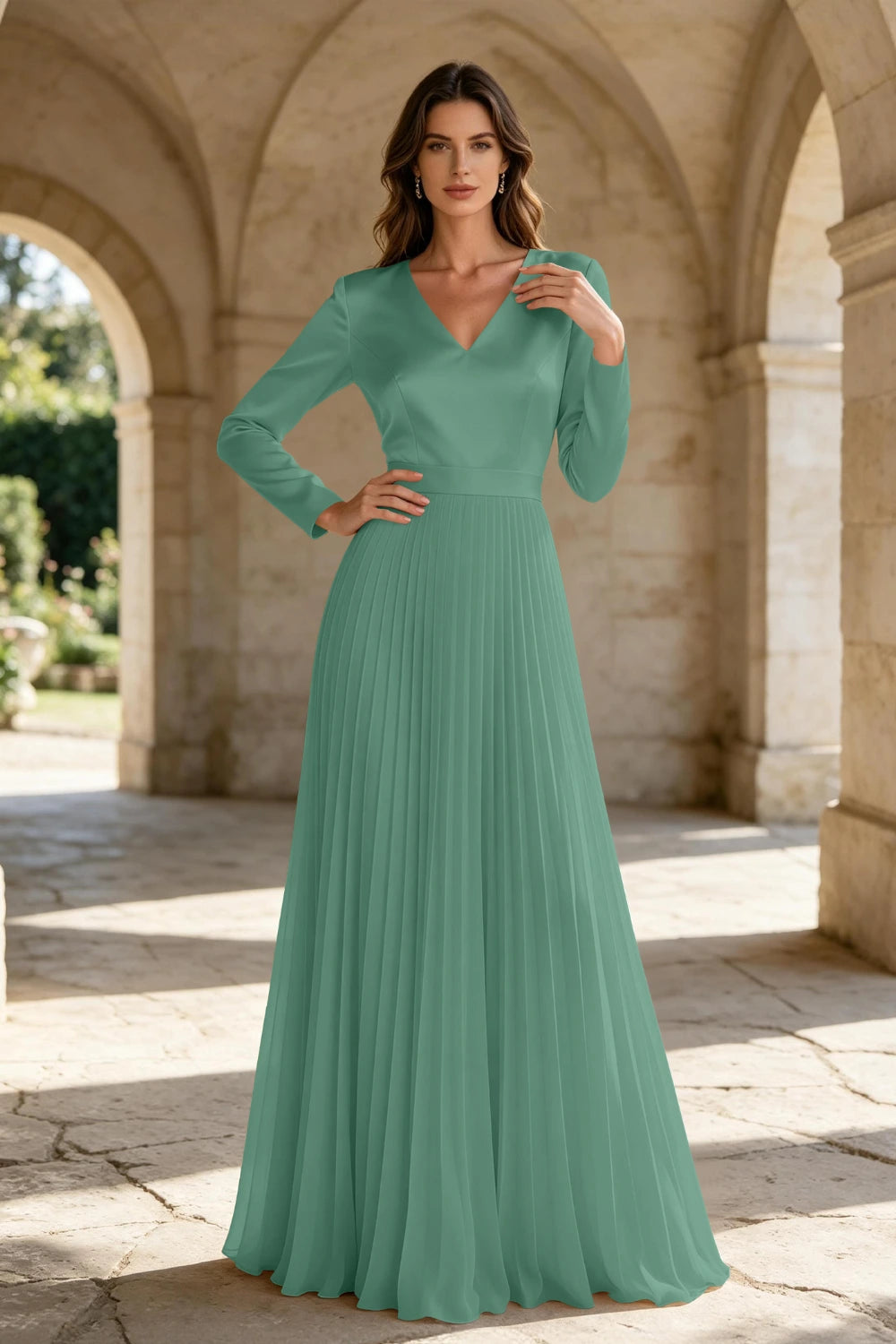 Champagne Satin Long Sleeve Knife-Pleated Chiffon Floor-Length Dress
