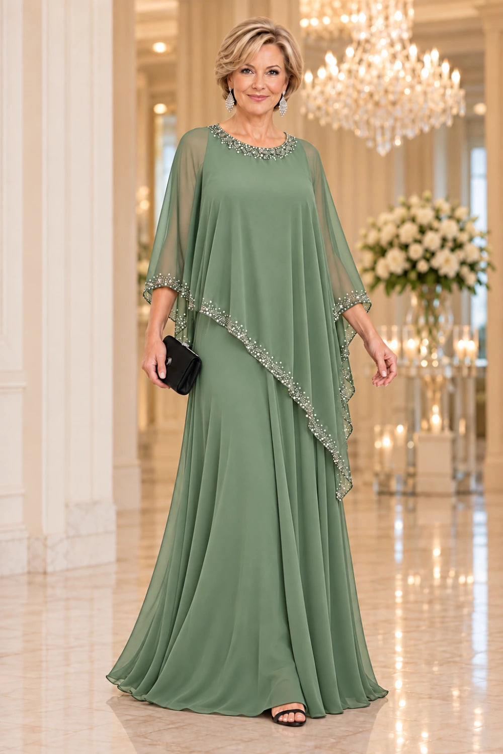 Sage green gown with a pointed sheer waterfall cape and long skirt folds, front view.