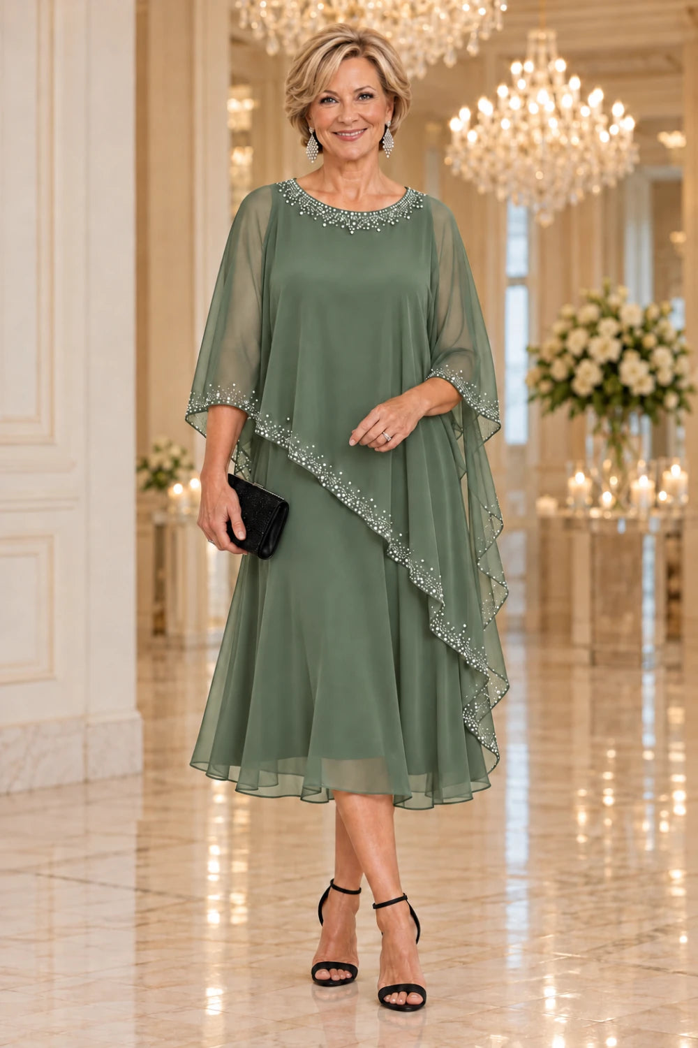 Sage green midi dress with decorated neckline and dotted sheer cape edges, front view.