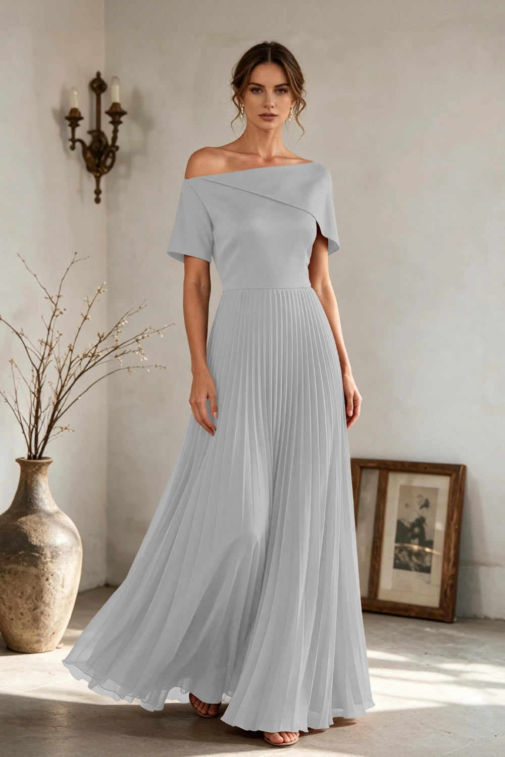 Copper Brown Off-Shoulder Draped Pleated Chiffon Floor-Length Dress