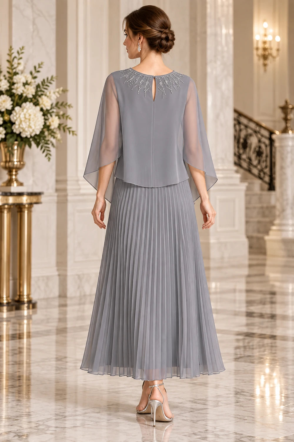 Beaded Cape Sleeve Pleated Chiffon Mother of the Bride Dress