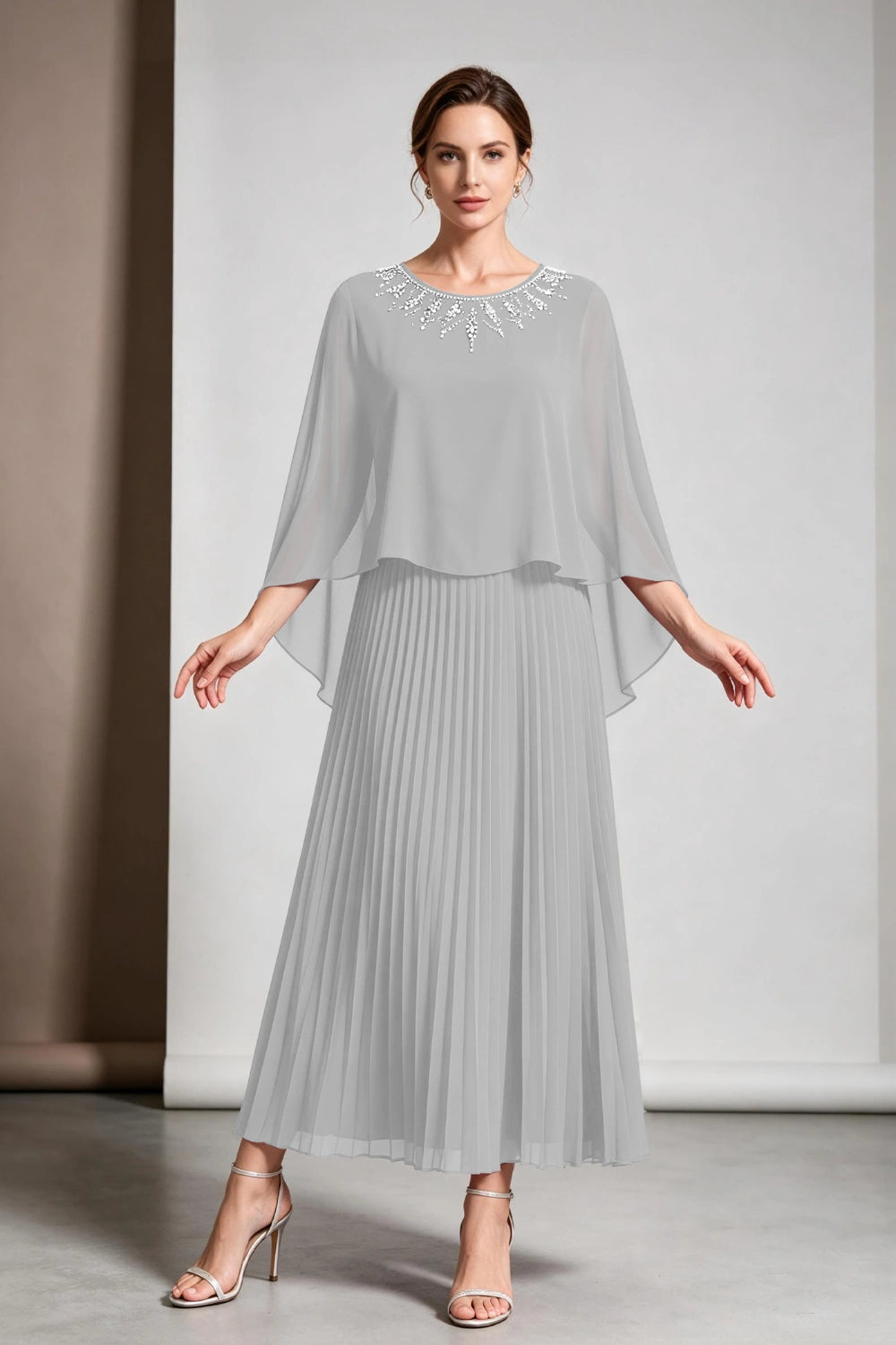 Plum Beaded Cape Sleeve Pleated Chiffon Mother of the Bride Dress