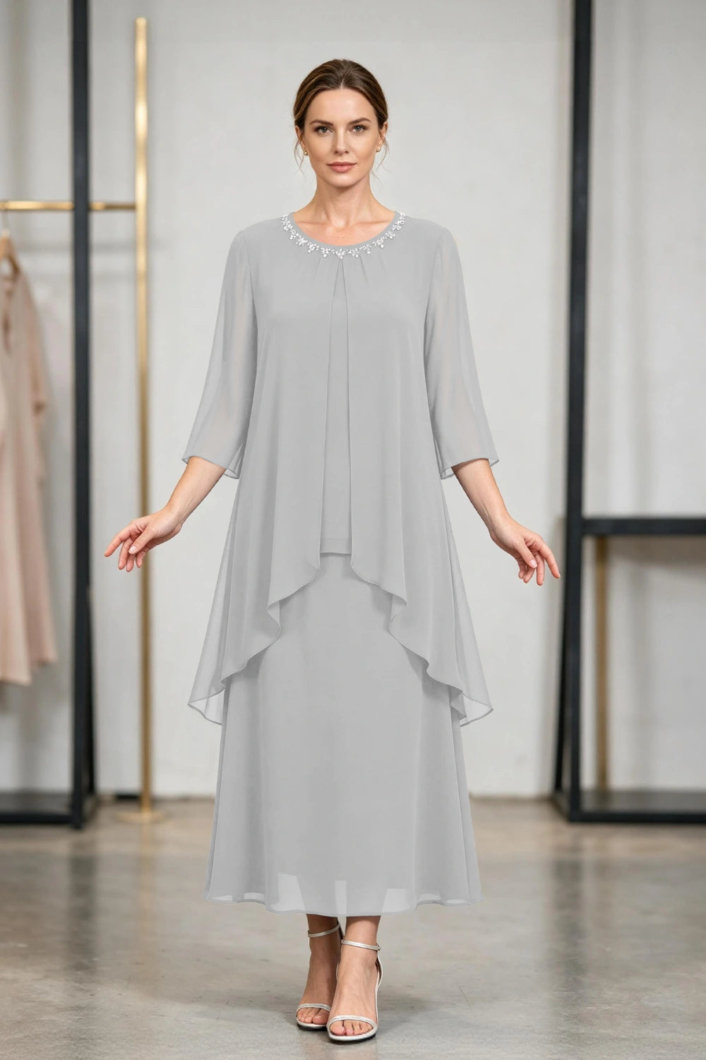 Peacock Blue Beaded Tier Chiffon Mother of the Bride Dress