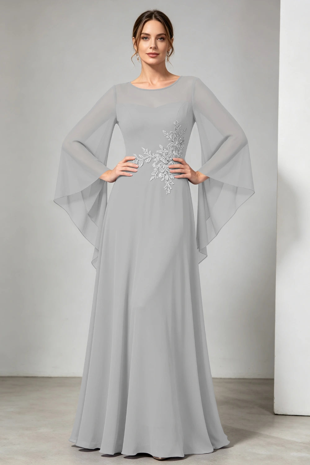 Purple Beaded Waist Sheer Yoke Long Sleeve Chiffon Mother of the Bride Dress