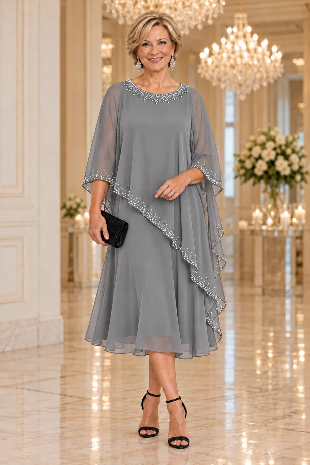Silver gray midi dress with a decorated round neckline and dotted waterfall cape, front view.