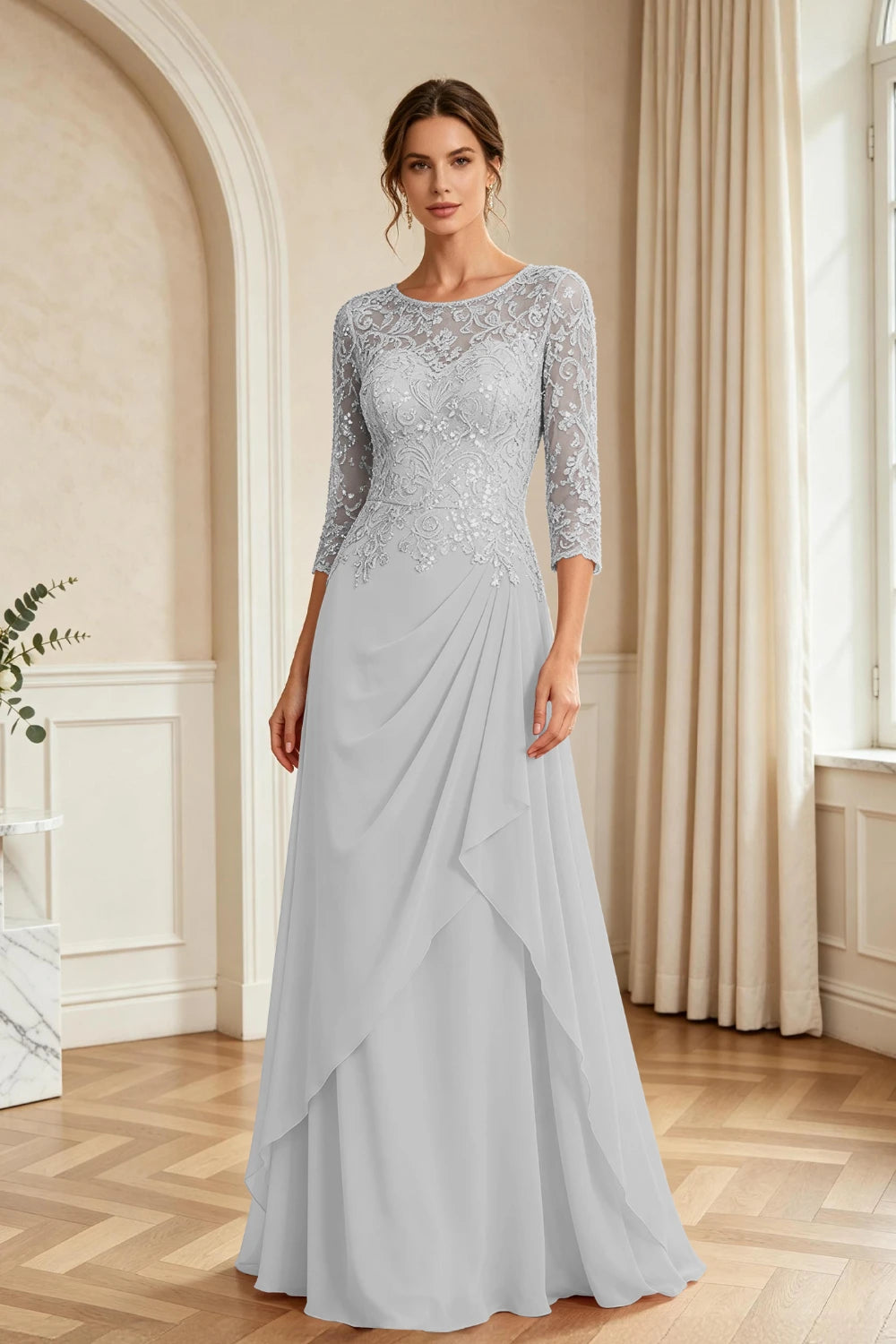 Dusty Rose Lace Bodice Three-Quarter Sleeve Draped Chiffon Floor-Length Dress