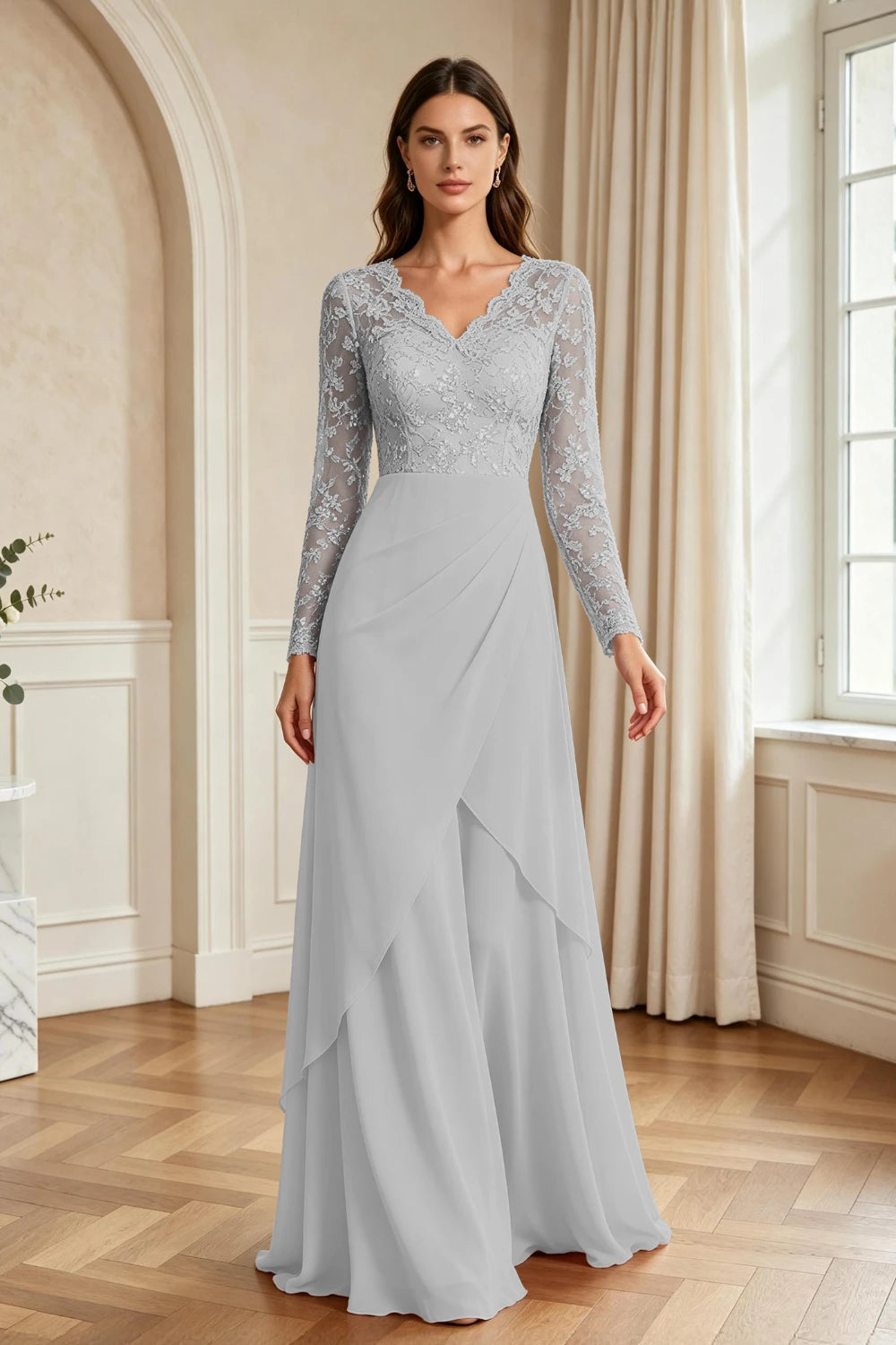 Mauve Lace Long-Sleeve Draped Ruffle Chiffon Floor-Length Dress