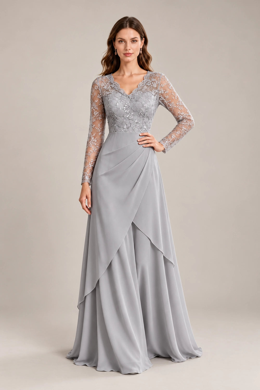 Lace Long-Sleeve Draped Ruffle Chiffon Floor-Length Dress