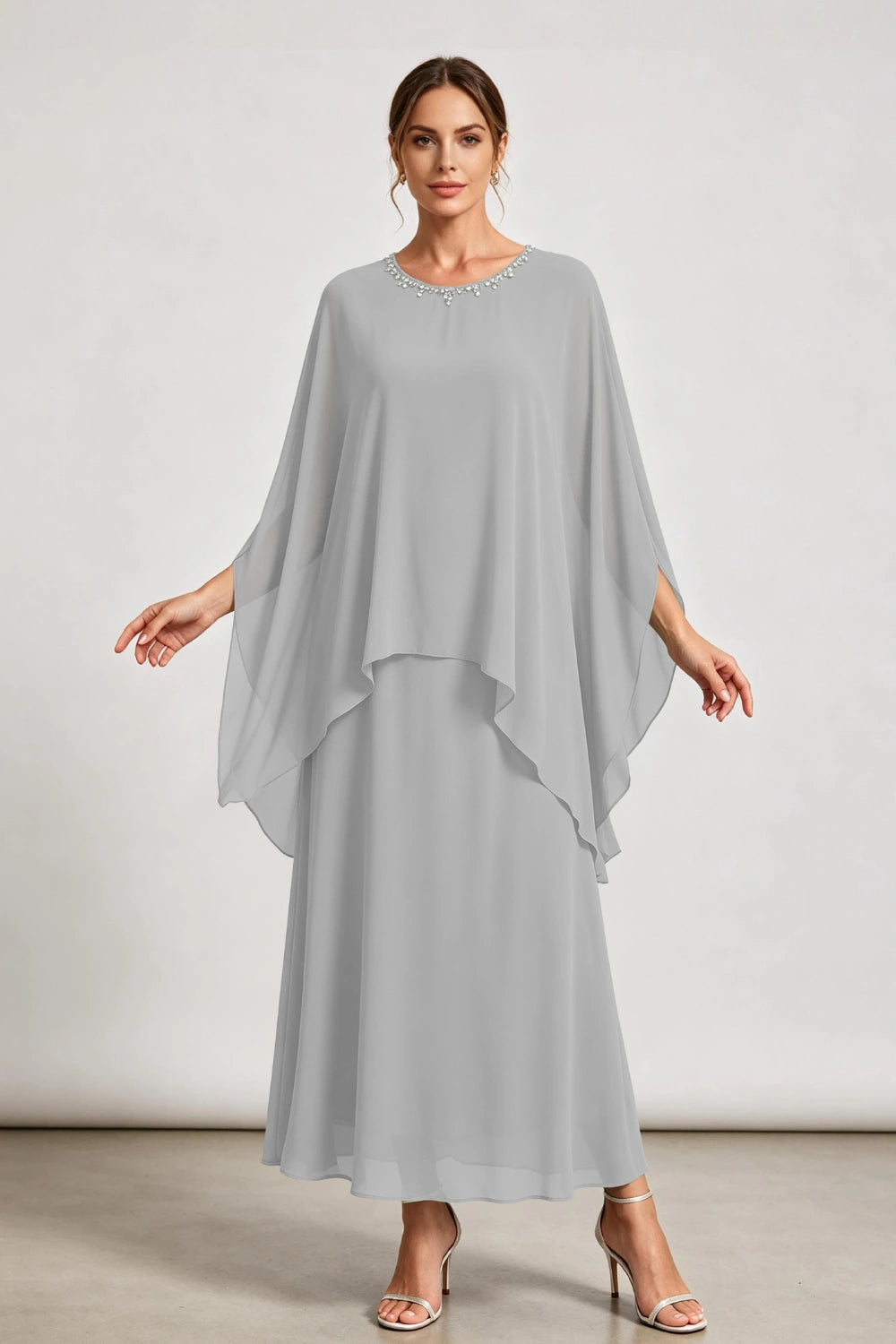 Dusty Sage Beaded Neck Draped Overlay Chiffon Mother of the Bride Dress