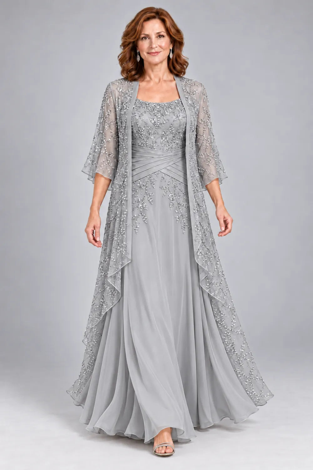 Silver Gray dress with lace bodice, diagonal waist gathers and cascading skirt panel, front view.