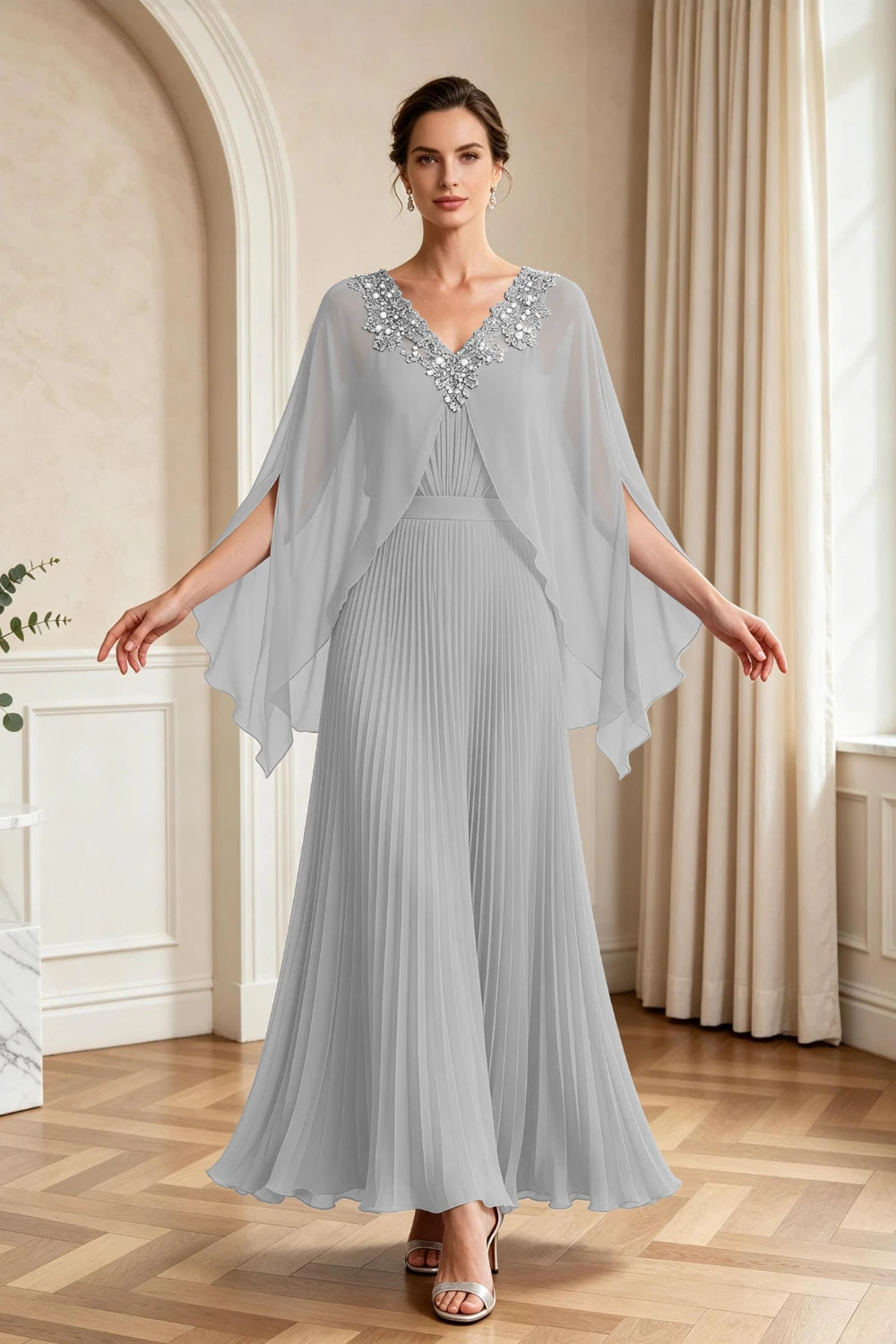 Lavender Pleated Cape Sleeve Chiffon Mother of the Bride Dress