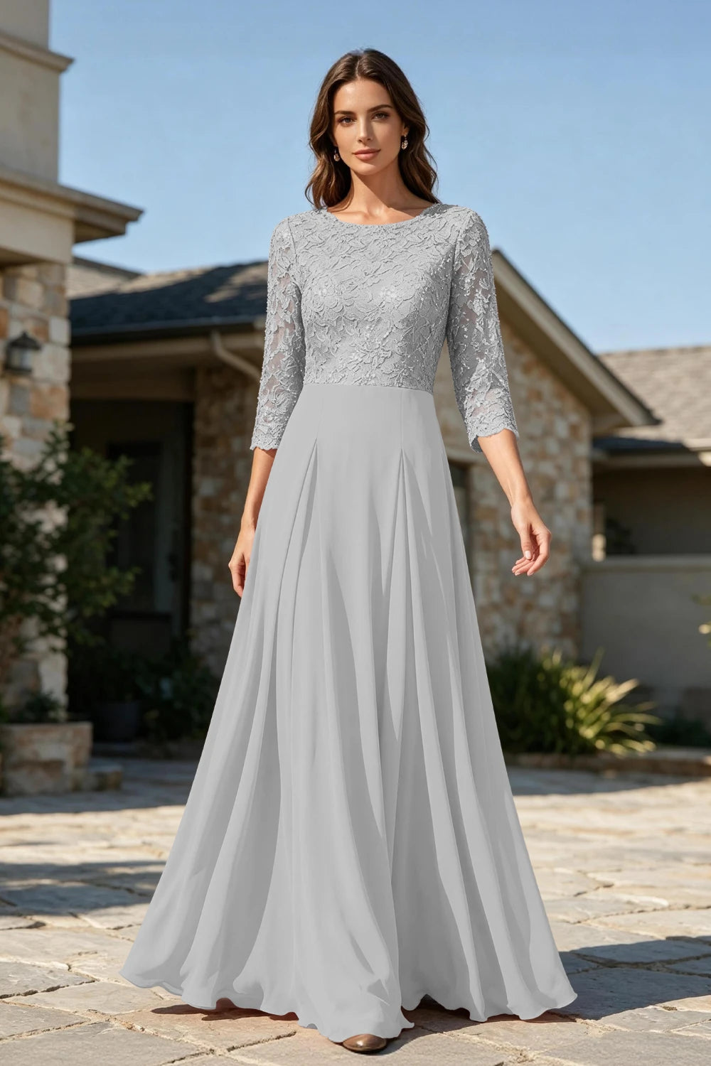 Dusty Rose Lace Three-Quarter Sleeve Pleated Chiffon Floor-Length Dress